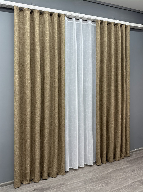 Комплект штор VR-Textil Льон Мішковина 150х270 2шт і Тюль 500х270 1768ш-115т Мигдальний з білим 71-052/4 Київ - фото 3