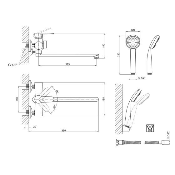 Змішувач для ванни Lidz Nicole 005 з поворотним виливом (з душовим гарнітуром) (k35) LDNIC005BLA45183 Black Київ