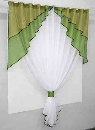 Кухонная занавеска VR-Textil № 114к ламбрекен и тюль оливковый с золотистым и белым 270х170 см (52-0611) Киев