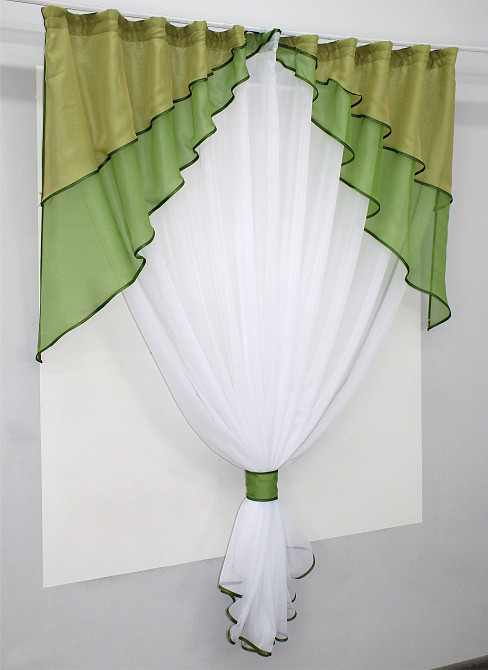 Кухонная занавеска VR-Textil № 114к ламбрекен и тюль оливковый с золотистым и белым 270х170 см (52-0611) Киев - изображение 2
