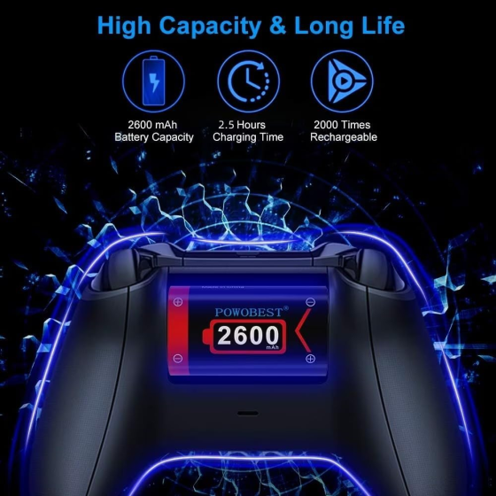 Акумулятори для контролера Xbox Series X/S та Xbox One 2×2600 мА·год із зарядною станцією | Type-C, Micro-USB, до 26 годин гри Київ