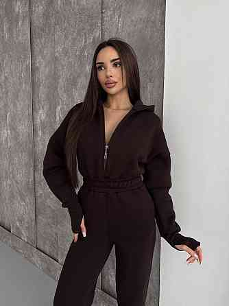 Женский теплый повседневный комбинезон с капюшоном трехнить на флисе Шоколад, 42/46 Одесса