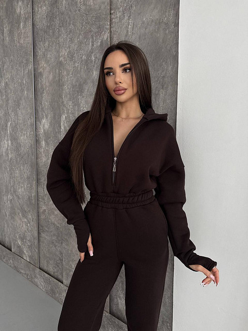 Жіночий теплий повсякденний комбінезон із капюшоном тринитка на флісі Шоколад, 42/46 Одеса - фото 4