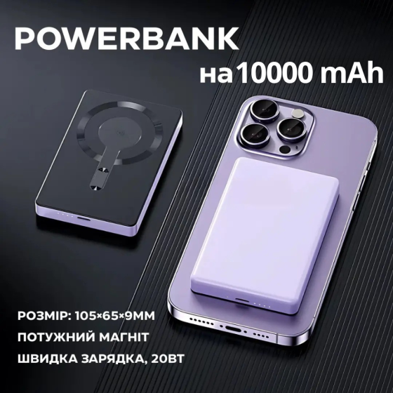 Павербанк бездротовий магнітний ультратонкий, Powerbank з бездротовою зарядкою, 10000 мАг, 20Вт Type-C Purple Кам'янець-Подільський