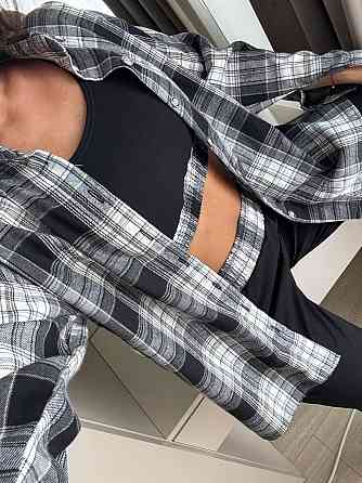 Женский прогулочный костюм тройка: рубашка в клетку топ и штаны фланель + двунитка Серый, 42/44 Одесса