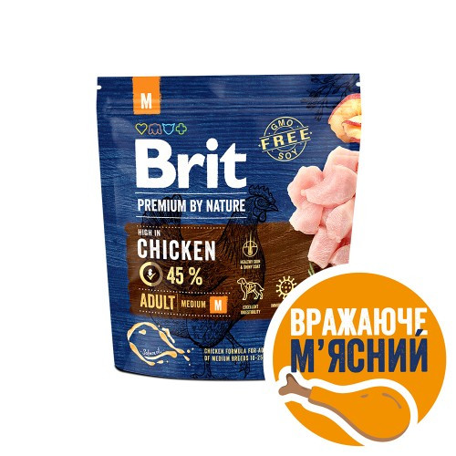 Корм сухой Brit Premium Dog Adult M для взрослых собак средних пород весом 10-25 кг с курицей 1 кг. Киев - изображение 1