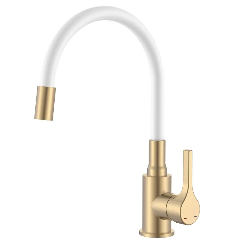 Змішувач для кухні Zerix Rex-011 Brushed Gold Refl.White з нержавіючої сталі (Колір матове золото+силіконовий вилив білий) ( 21688 Харьков - изображение 1