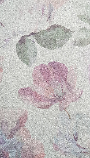 Шпалери вінілові на флізеліні Grandeco Universe 5 квіти півонії великі яскраві рожеві бузкові на білому Київ - фото 1