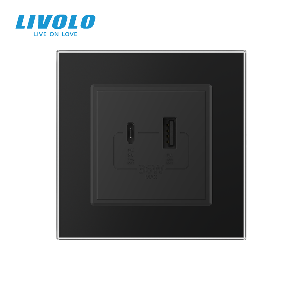 Розетка USB-A та USB-C з Power Delivery 36W LIVOLO чорна матова скло Коломия - фото 10