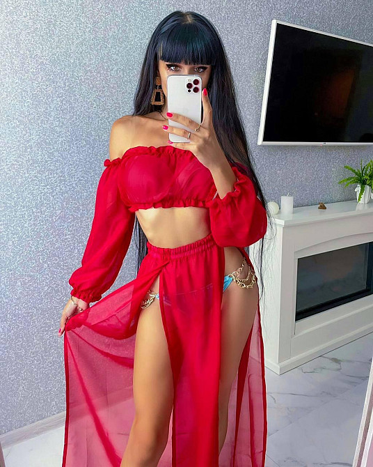 Женский яркий пляжный костюм двойка: топ и штаны шифон Красный Одесса - изображение 2