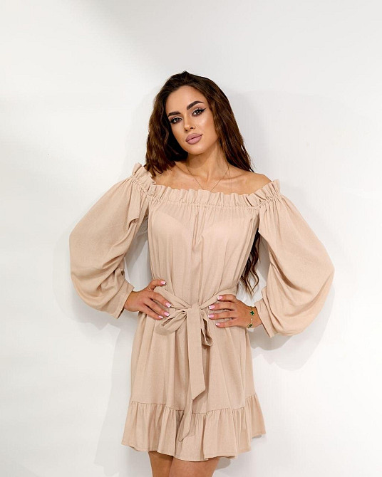 Женское легкое романтическое мини платье из льна. Песочный, 42/44 Одесса - изображение 3