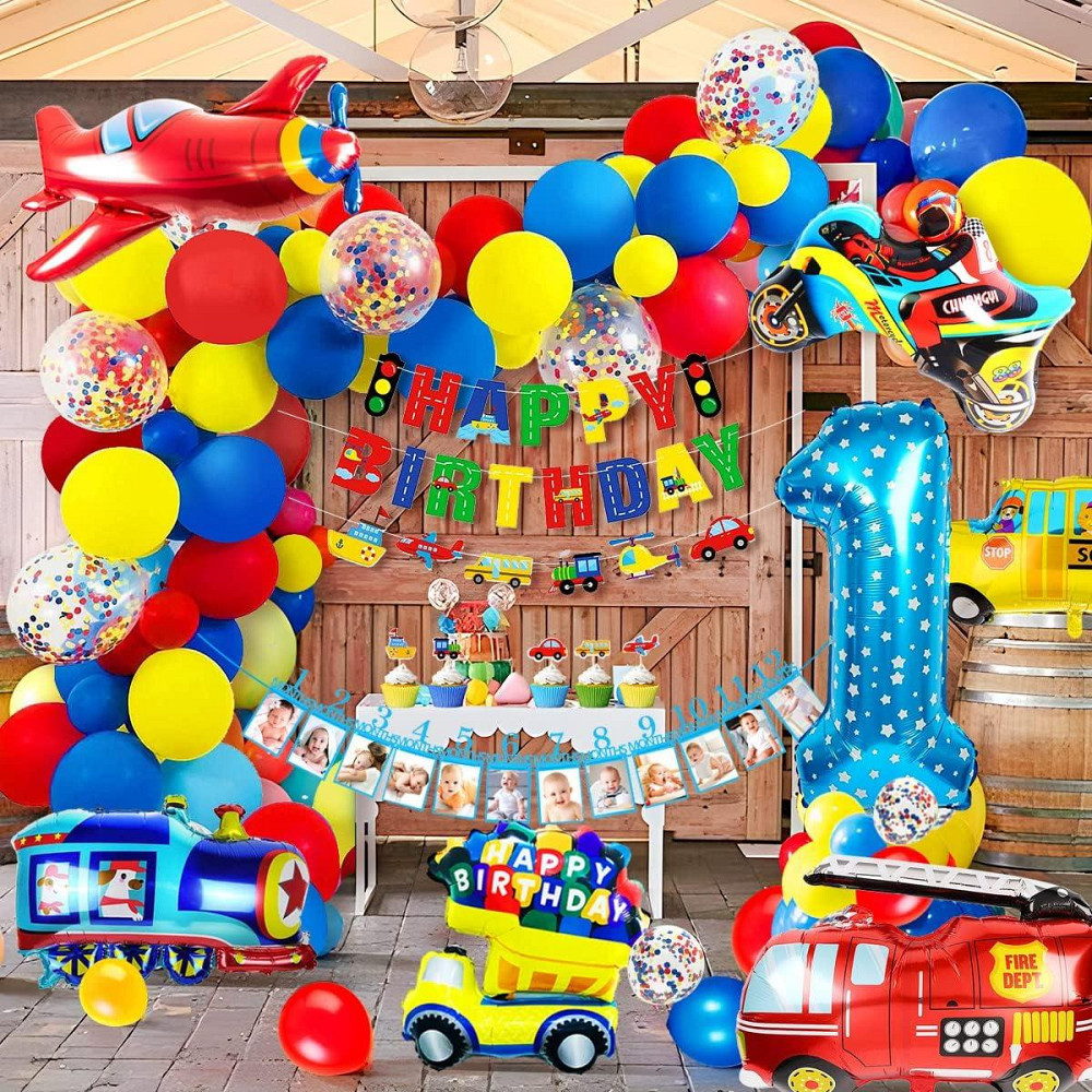 Набір декору 1st Birthday синьо-зелено автотема iZoeL кульки банер фольга торт топпери для хлопчика Київ - фото 2