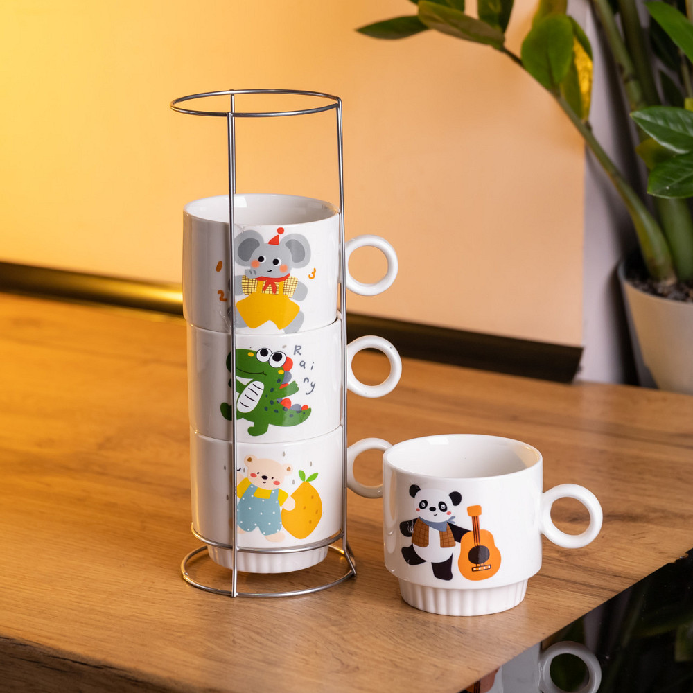 Yiwu Набір порцелянових чашок для дітей на металевій підставці Animals 4 (шт) по 300 (мл) подар Коломия - фото 1