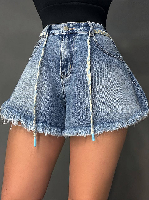 Шорти жіночі джинсові Vanver 2016 з камінням короткі розкльошені з бахромою блакитні, блакитний, 29, 29, 79 см Київ - фото 14