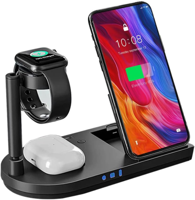 Бездротова зарядна станція 4 в 1 F5 для iPhone, Apple Watch, AirPods Швидка зарядка 15W з підсвічуванням Чорна Київ - фото 2
