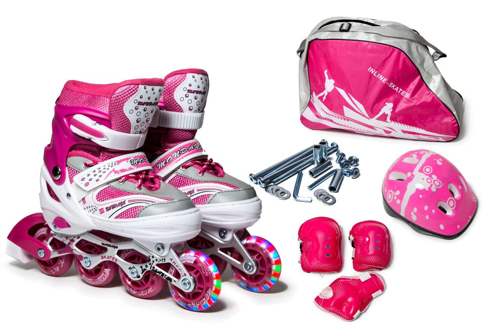 Комплект роликов (с переставными колесами) с защитой и шлемом Happy. Малиновый цвет. Размер 34-38 Одесса - изображение 1