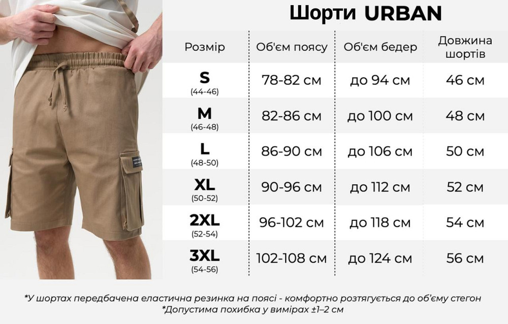 Шорти карго для чоловіків бавовна до колін з кишенями на резинці літні однотонні джинс URBAN Одеса - фото 2