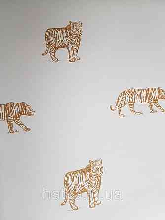 Шпалери флізелінові дитячі Caselio Our Planet тварини тигри золотисті на білому тлі Київ