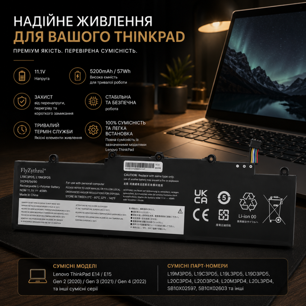 Акумулятор для ноутбука Lenovo ThinkPad E14 E15 Gen 2/3/4 FlyZitrol L19M3PD5 L19C3PD5 — Батарея 11.1V Літій-іонна Київ - фото 1