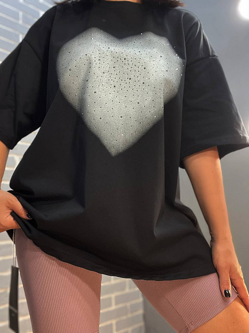Футболка жіноча SHENG 6820 подовжена супер оверсайз велике серце каміння one size, чорний, one size Київ - фото 10