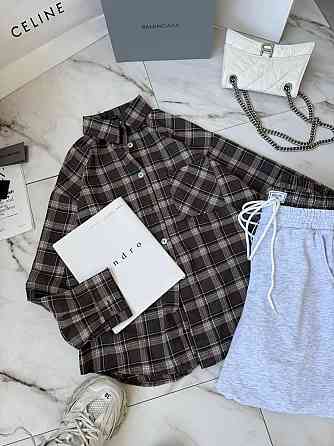 Женский повседневный костюм двойка: рубашка в клетку и штаны фланель + двунитка Шоколад, 48/52 Одесса