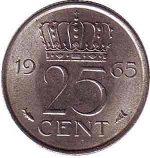 Монета 25 центов. 1965 год, Нидерланды. Полтава