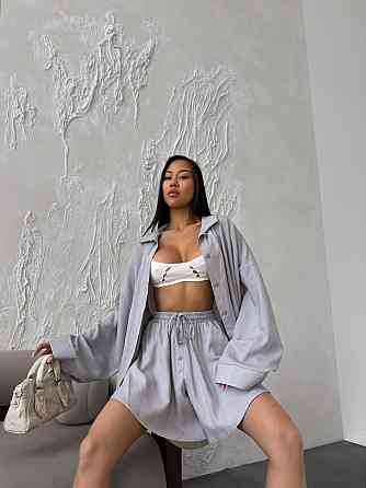 Жіночий літній оверсайз костюм-двійка: сорочка та шорти льон Сірий Одеса