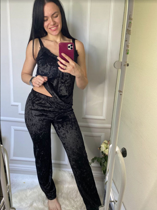 Пижама женская велюровая со штанами Черный M Харьков - изображение 2