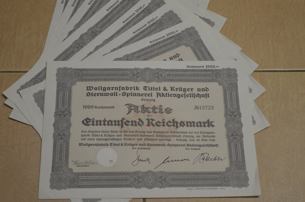 Акция. Германия. Wollgarnfabrik Bremen 1000 reichbank 1942 год aUNC-UNC (5 - 27) Полтава - изображение 1