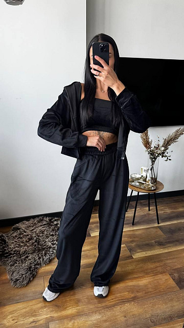 Женский плюшевый прогулочный костюм тройка: кофта топ и штаны велюр Черный, 42/44 Одесса - изображение 7