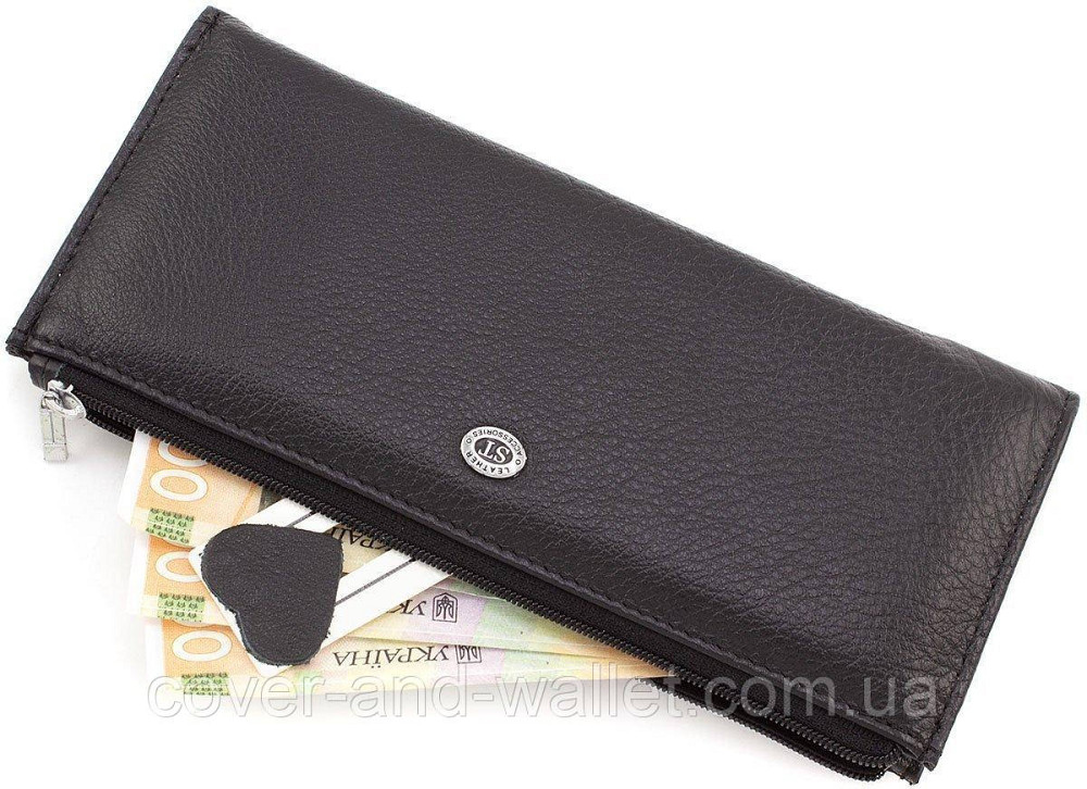 Тонкий шкіряний гаманець купюрнтик чорного кольору на блискавці ST Leather 025 Київ - фото 8