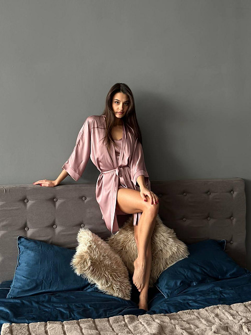 Халат женский шелковый под пояс длина 90см Пудровый M/L Харьков - изображение 6
