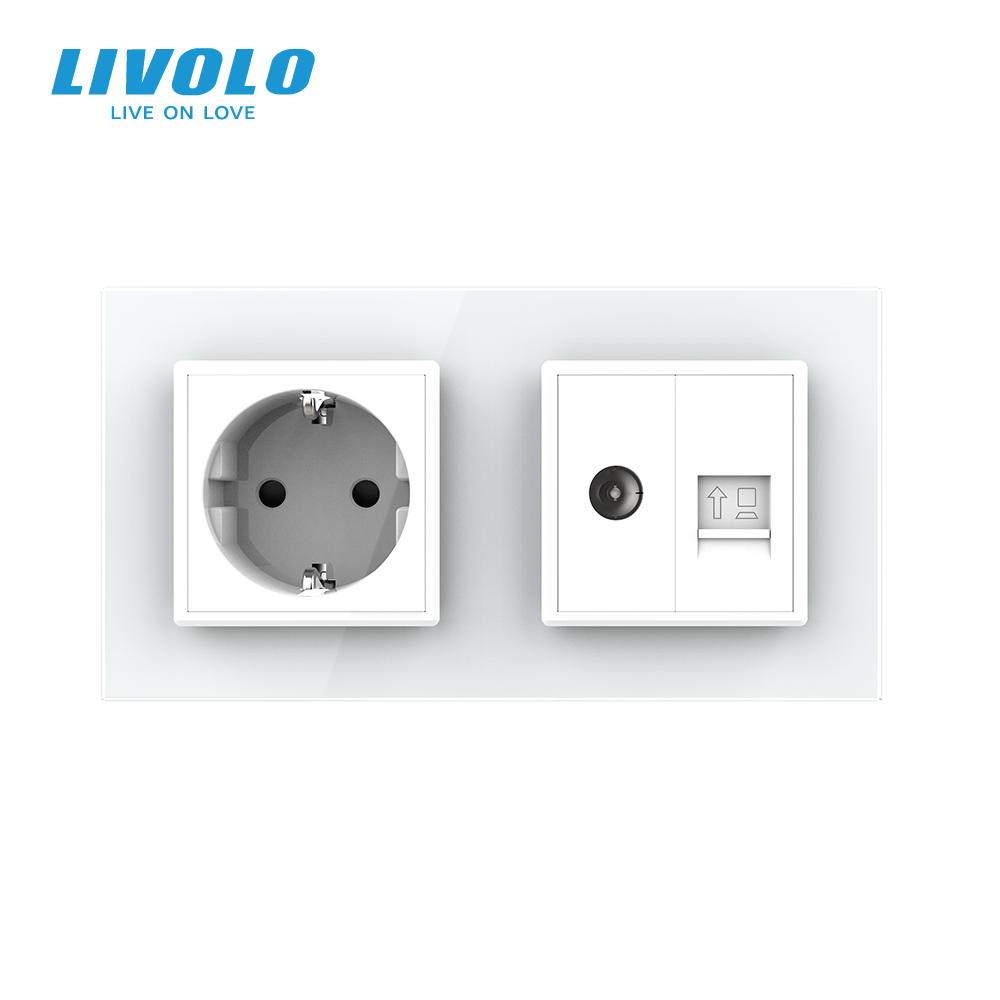 LIVOLO Розетка двомісна комбінована Силова Інтернет ТБ Livolo білий скло (VL-C7C1EU1V1C-11) Коломия - фото 2