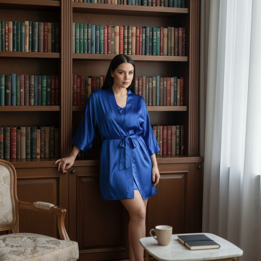 Халат женский шелковый под пояс длина 90см Электрик XS/S Харьков - изображение 2