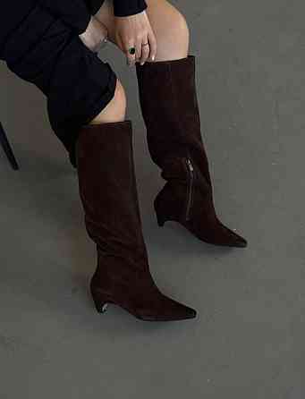 Чоботи жіночі замшеві демісезонні весна-осінь 4086 на підборах шоколадні / Чоботи з натуральної Коломия