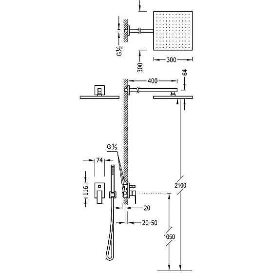Душова система TRES CUADRO-TRES 106980 прихованного монтажу,два споживача,лійка 300*300мм Spain Киев