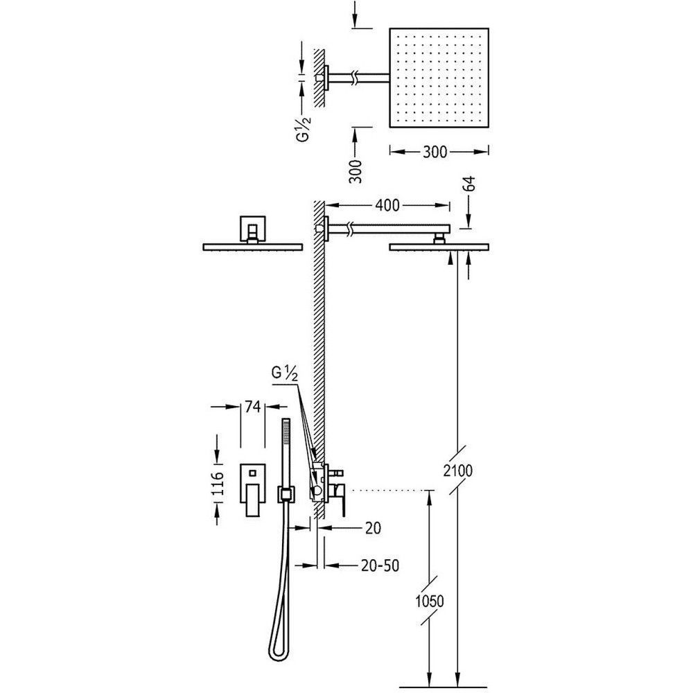 Душова система TRES CUADRO-TRES 106980 прихованного монтажу,два споживача,лійка 300*300мм Spain Київ - фото 2