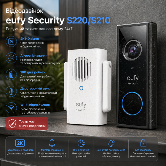 Уценка! Видеозвонок eufy Security S220/S210 2K, Wi-Fi, AI, 180 дней, двусторонний звук, значительные царапины Киев