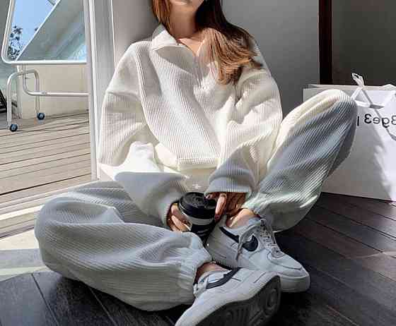 Жіночий базовий прогулянковий костюм-двійка: кофта та штани вельвет вафелька Молочний, 48/50 Одеса