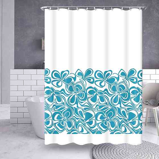 Шторка для ванної та душу з кільцями 180x180 см водовідштовхувальна, шторка для ванної та душової з гачками, біла з блакитним Кам'янець-Подільський