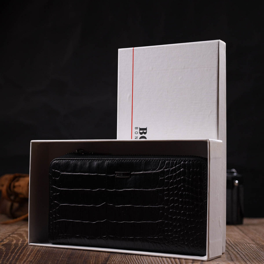 Місткий жіночий гаманець з натуральної шкіри з тисненням під крокодила Чорний (BOND) Київ - фото 4