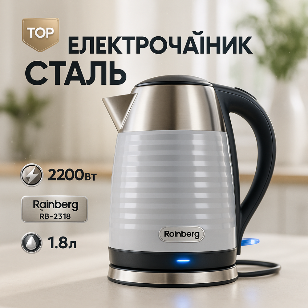 Чайники металеві з нержавіючої сталі Rainberg RB-2315 1.8л 2200Вт, Якісний електричний чайник для дому ZN-63 Львів - фото 10