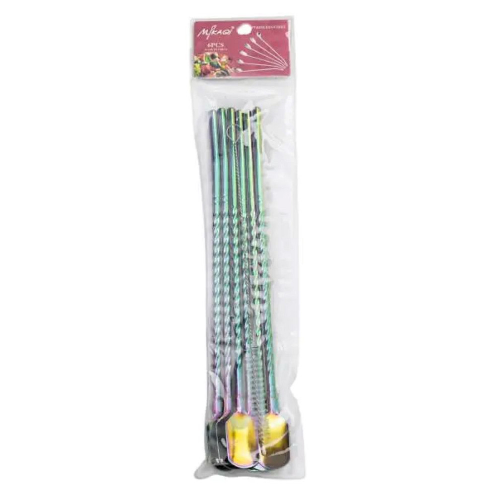 Yiwu Набір багаторазових ложок-трубочок 6 шт для напоїв 22 см зі щіткою для миття з нержавіючої Київ - фото 4