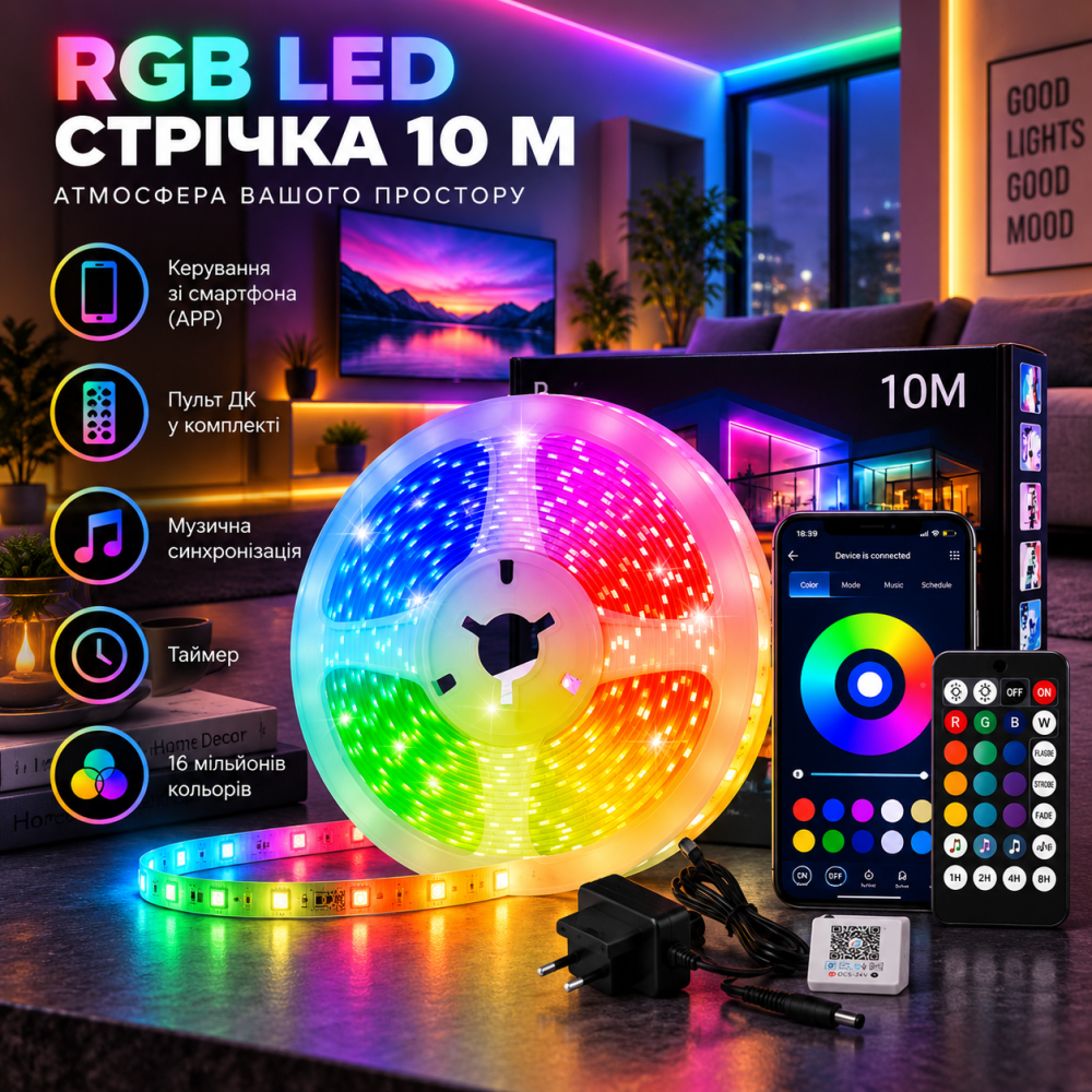 Світлодіодна стрічка 10 м Bluetooth RGB APP, RGB-підсвітка, керування зі смартфона та пульта, музична синхронізація, таймер Київ - фото 1