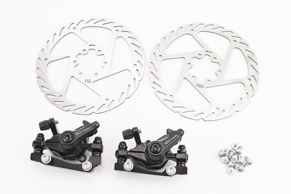 Гальмо Disk-brake переднє (F160/R140мм)+заднє (F180/R160мм), диски 160мм, кріпл. 6 болтів, чорні DX-2019 Київ - фото 1