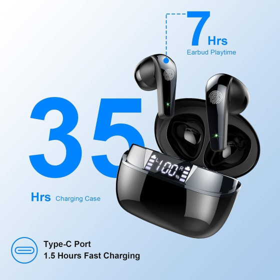 Бездротові навушники Ordtop Bluetooth 5.3, внутрішньоканальні, активне шумозаглушення, IPX7, міні-чохол, чорні Київ
