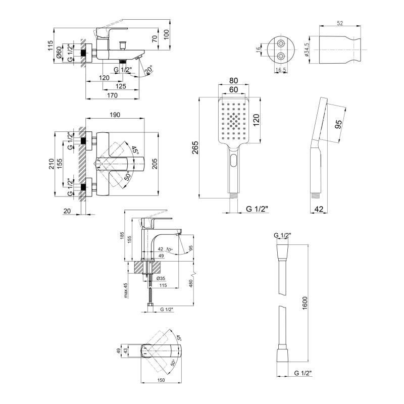 Набір змішувачів для ванни Qtap 5 в 1 Lipno з душовим гарнітуром чорний Київ - фото 2