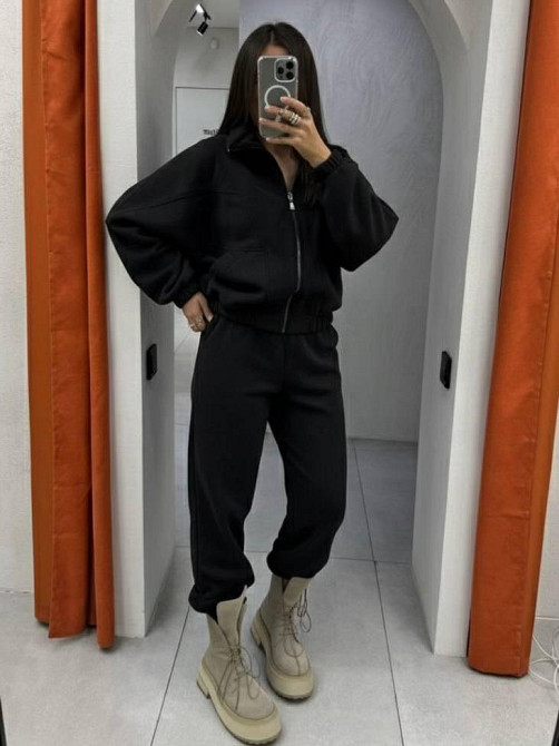 Жіночий стильний теплий флісовий костюм-двійка, двосторонній фліс-полор Чорний, 42/44 Одеса - фото 2