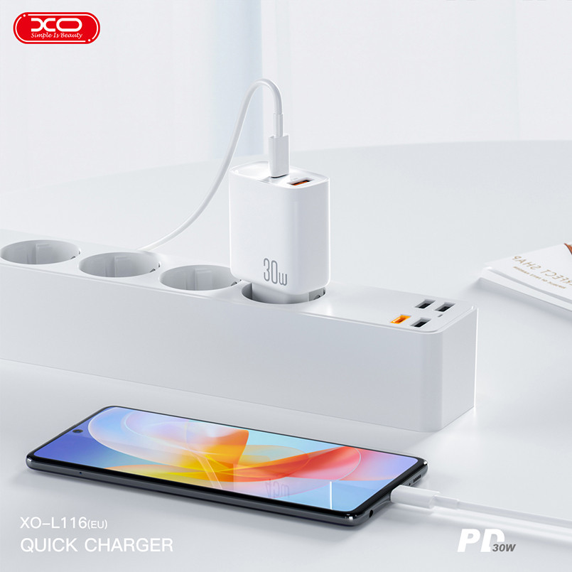 Мережевий зарядний пристрій XO L116 PD30W/QC18W 1USB-C+1USB-A Type-C кабель білий Львів - фото 7