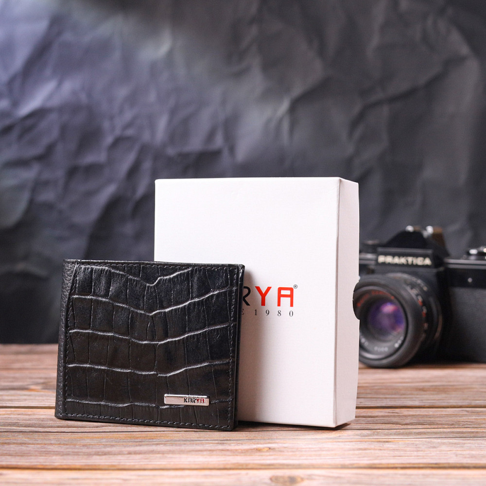 Чоловічий затискач з монетницею з натуральної шкіри з тисненням під крокодила KARYA 21406 Чорний Київ - фото 9